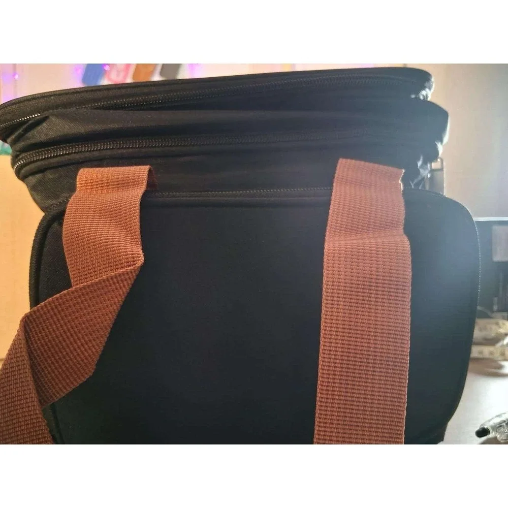 Black Insulated Lunch Bag‎ Dual Compartment Cooler Tote with Brown Handles